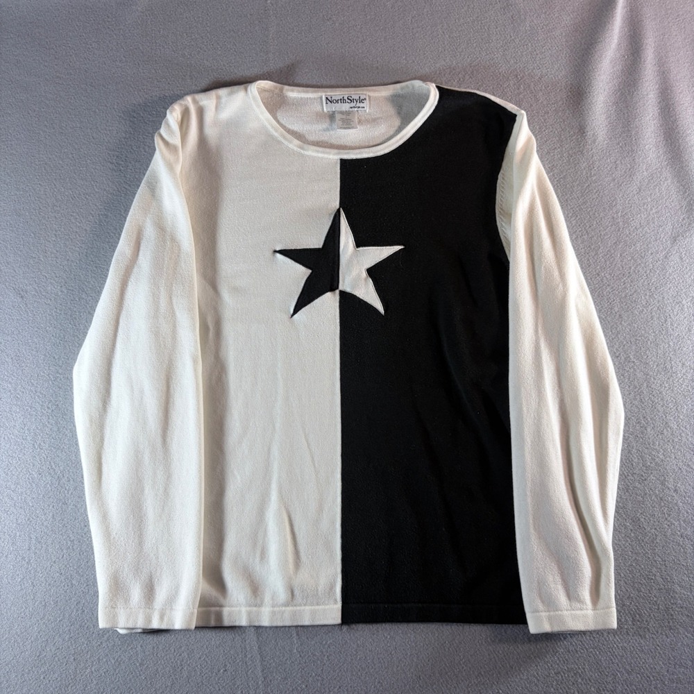NorthStyle Womens Large Star Colorblock Sweater Black White Long Sleeve NB743